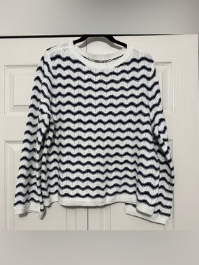 Ann Taylor LOFT Zig Zag Wide Sleeve Boatneck Sweater in Navy & White Size XL NWT